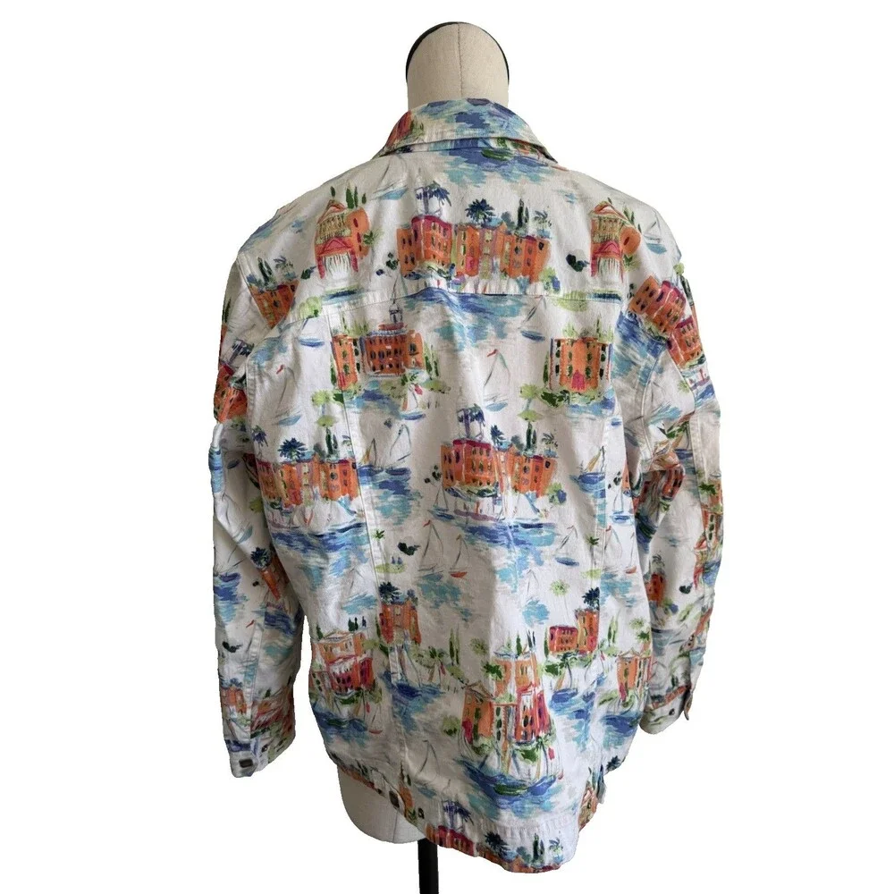 VTG CJ Banks Jacket Womens Size 2X Stretch Snap Button Artsy City White Print